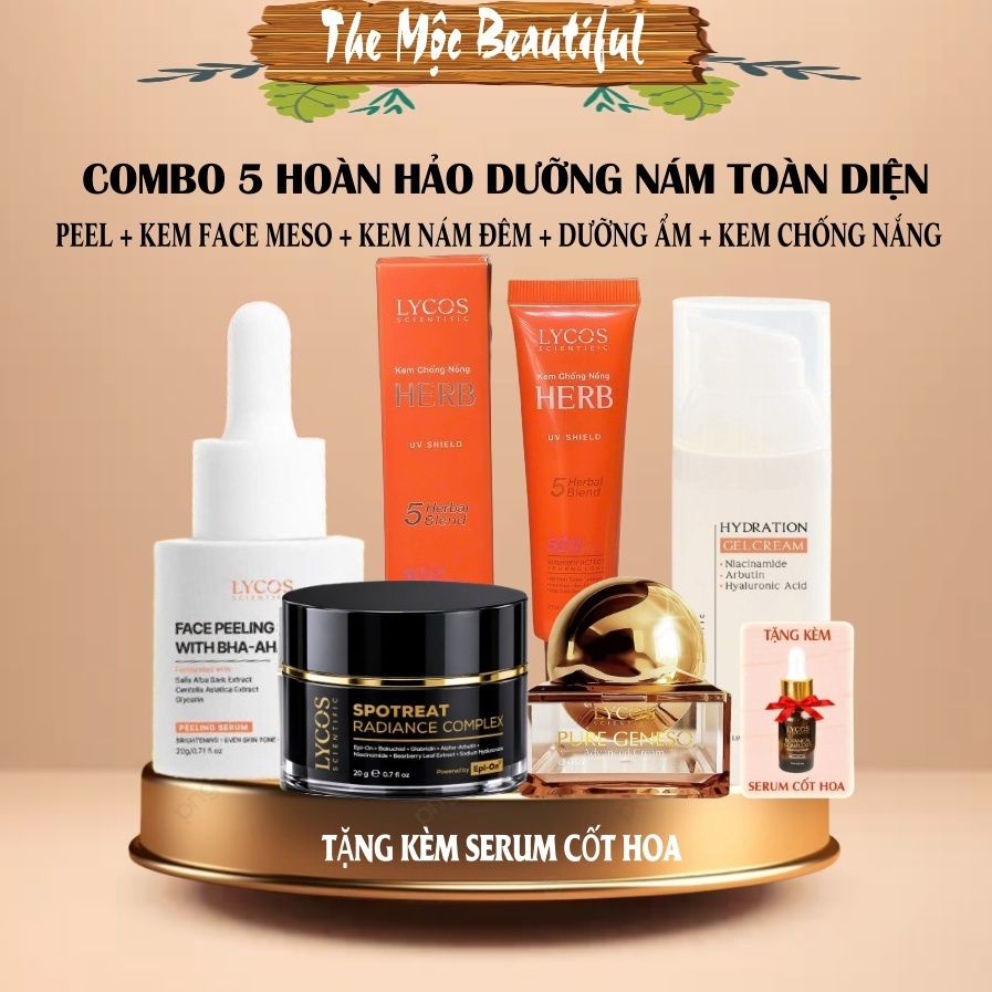 Combo 5 Hoàn hảo cho Da Nám, Sạm Lycos: Peel + Kem Nám + Dưỡng ẩm + Kem Chống nắng + Kem ngày Meso