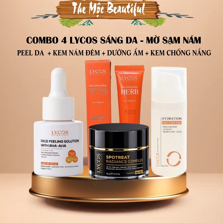 Combo 4 Sáng Da Mờ Nám Lycos: Peel Da Lycos + Kem Nám Lycos + Dưỡng ẩm Lycos + Kem Chống nắng Lycos
