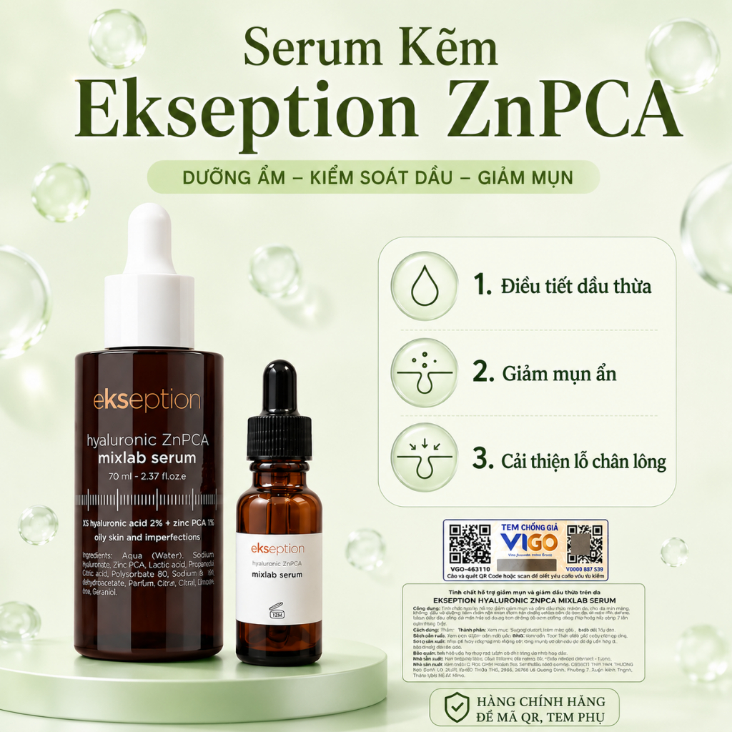 Serum Kẽm Ekseption Hyaluronic ZnPCA, HA + 1% ZnPCA Hỗ Trợ Giảm Mụn, Giảm dầu