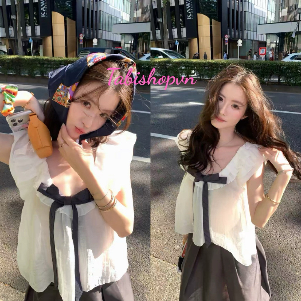 Áo babydoll cổ bèo đính nơ TABISHOP Áo kiểu nữ dễ thương màu trắng mặc hè đi chơi(354)