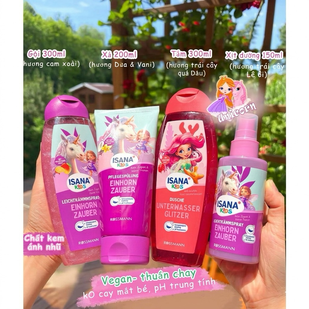 (Nội Địa Đức)Bộ Tắm Gội Xả Và Dưỡng Tóc ISANA Kids Unicorn/Mermaid Cho Bé Gái - Thuần Chay,Không Cay
