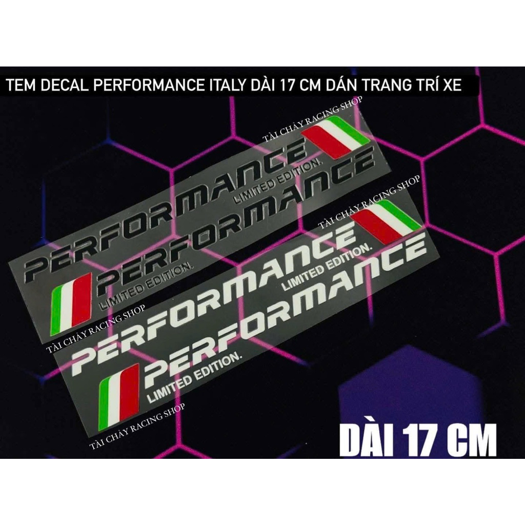 [ 1 CẶP ] TEM DECAL PERFORMANCE ITALY Ý DÀI 17 CM DÁN TRANG TRÍ XE