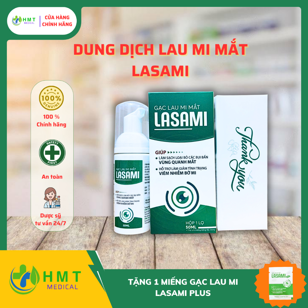Lọ Nước Vệ Sinh Bờ Mi LASAMI Dung Tích 50ml, Tặng 1 Miếng Gạc Lau Mi LASAMIPLUS
