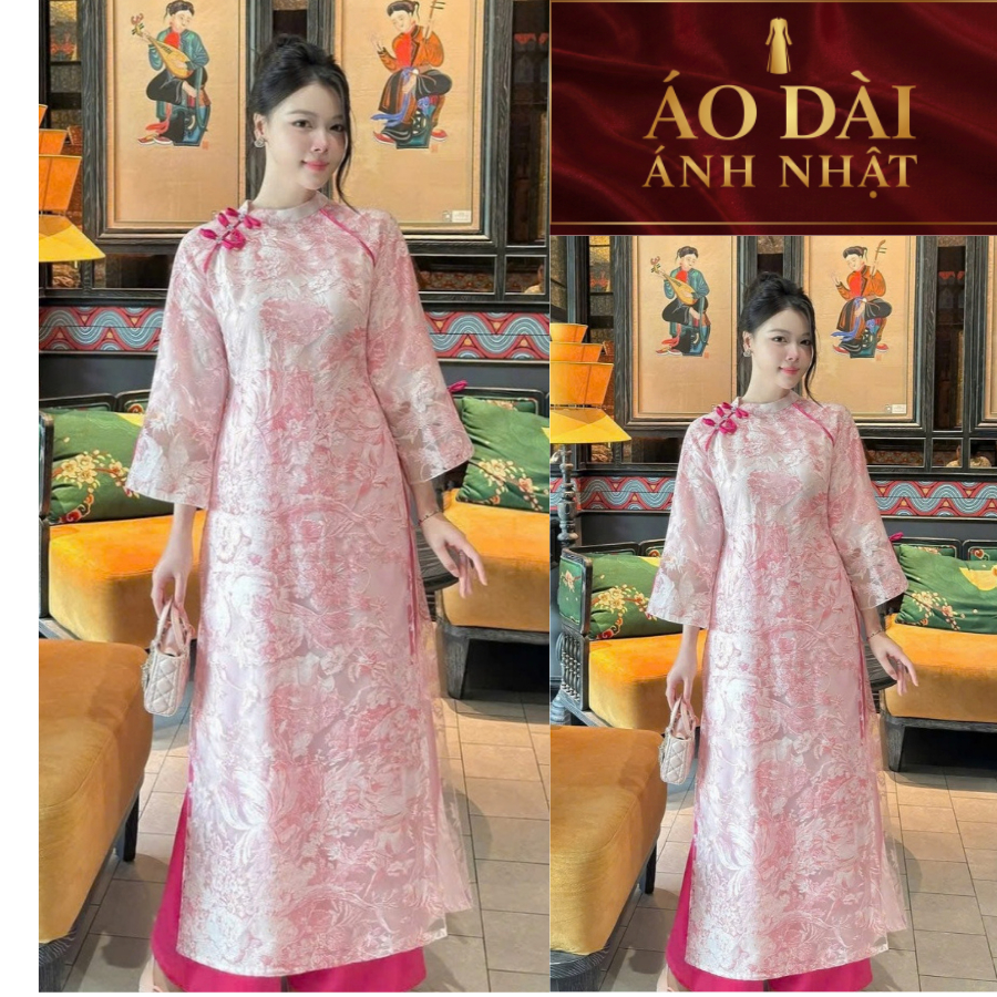 Set Áo dài cách tân nữ thiết kế mới chất liệu Tơ Dệt dáng suông đính kết nơ siêu xinh_ Ken Ken Shop 