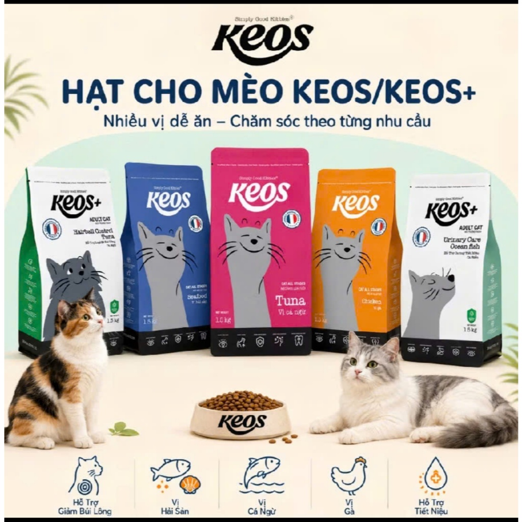 [1.5kg-7kg XÁ] Thức Ăn Hạt Cho Mèo Keos- tiết niệu, búi lông, da lông, mèo già, mèo con, mọi lứa tuổi nhiều vị