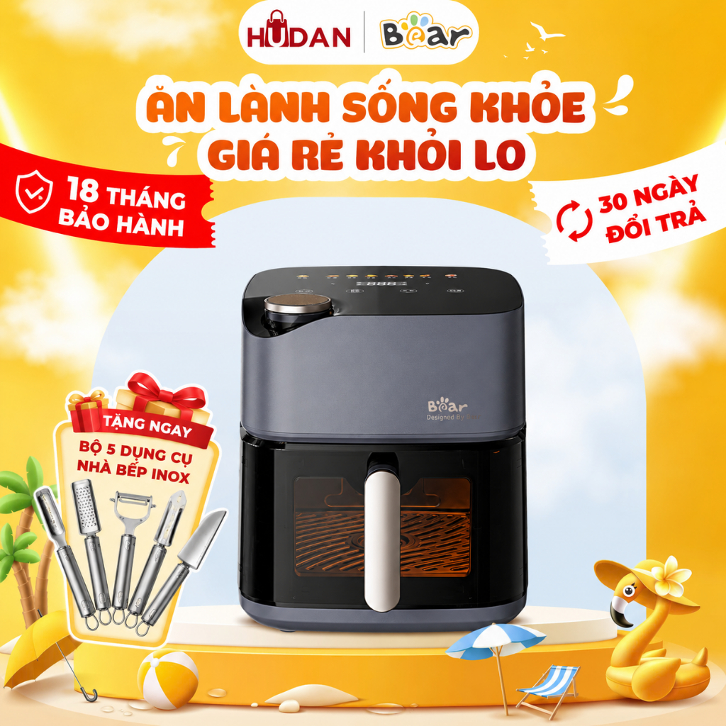 [Tặng bộ 5 dụng cụ nhà bếp] Nồi chiên không dầu BEAR 6L AF-5H19I45 Tiếng Việt Lò Nướng Nồi Chiên Hơi
