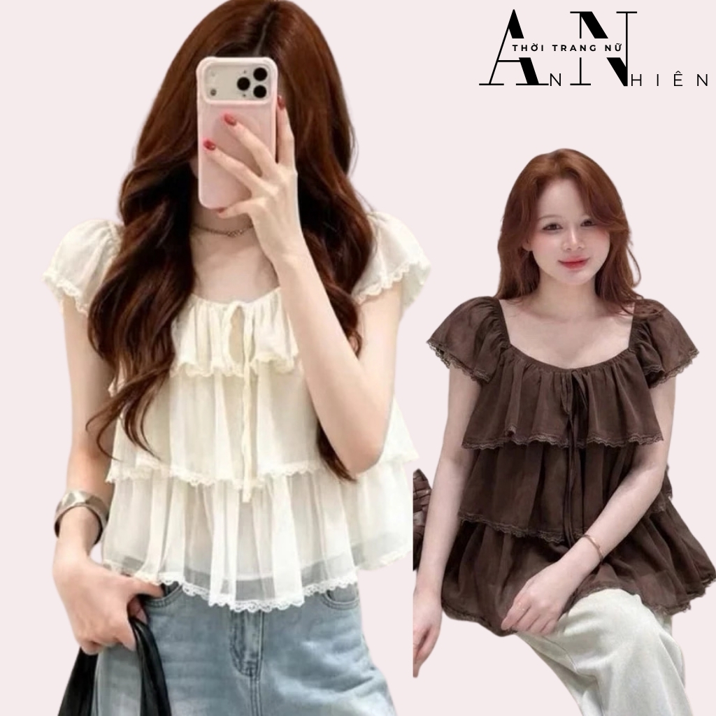 Áo kiểu nữ dáng babydoll phối tầng voan tơ tết dây nơ ngực đi chơi đi học phong cách Hàn Quốc tiểu t