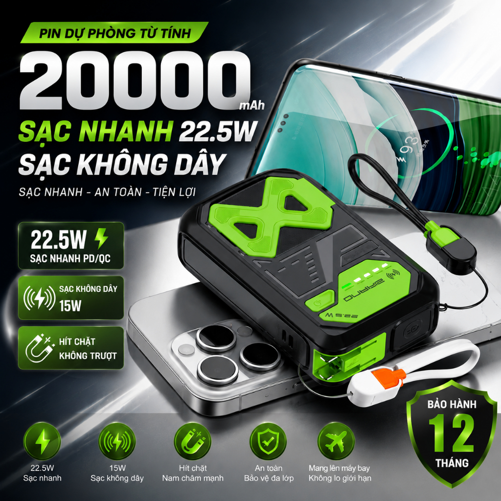 Sạc Dự Phòng Không Dây, Pin Dự Phòng Kiêm Củ Sạc Công Suất 22,5W 20000mAh, Sạc Cho Táo Và Android