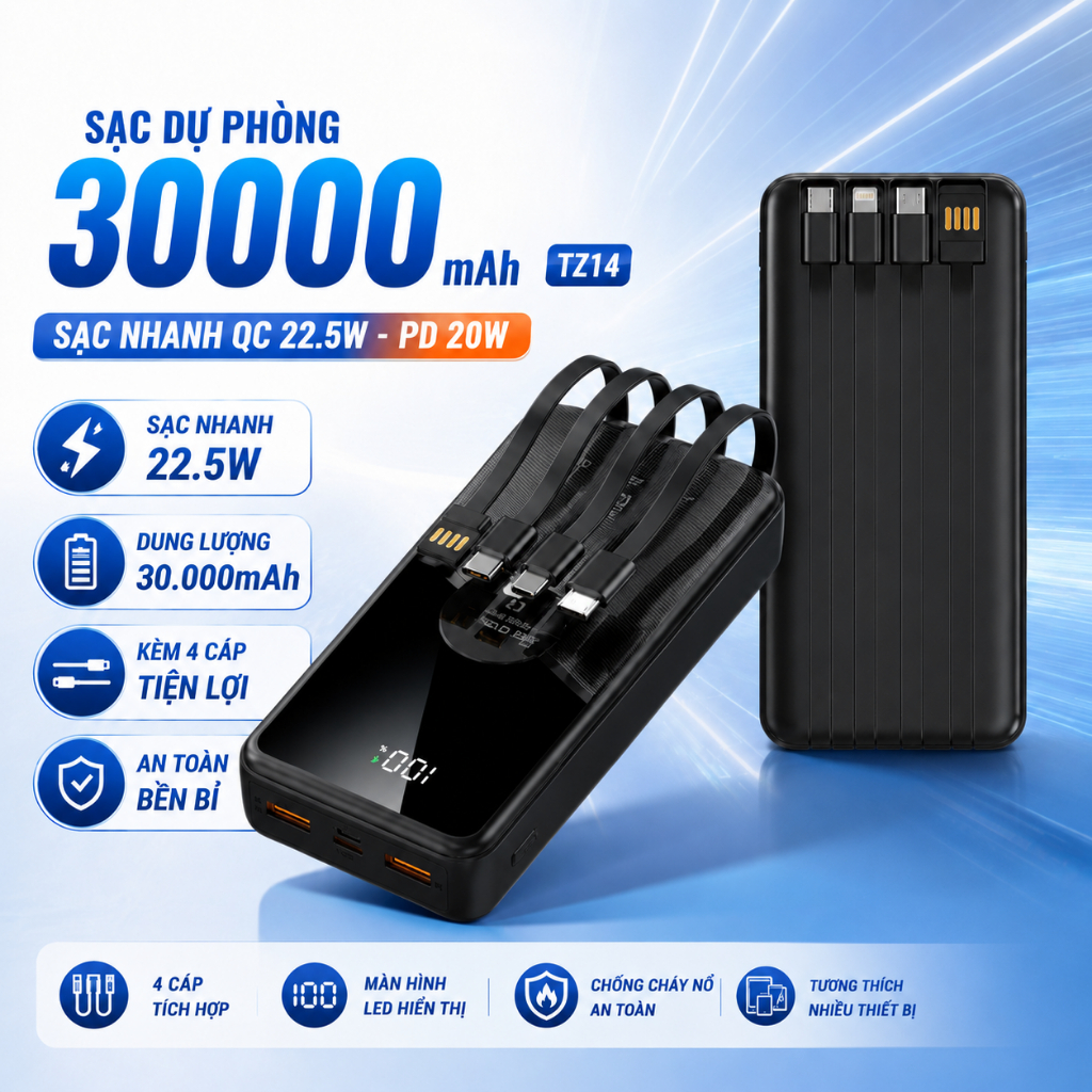 Sạc dự phòng 30000mah 50000mah sạc nhanh pin dung lượng lớn tích hợp dây sạc cho điện thoại SP1