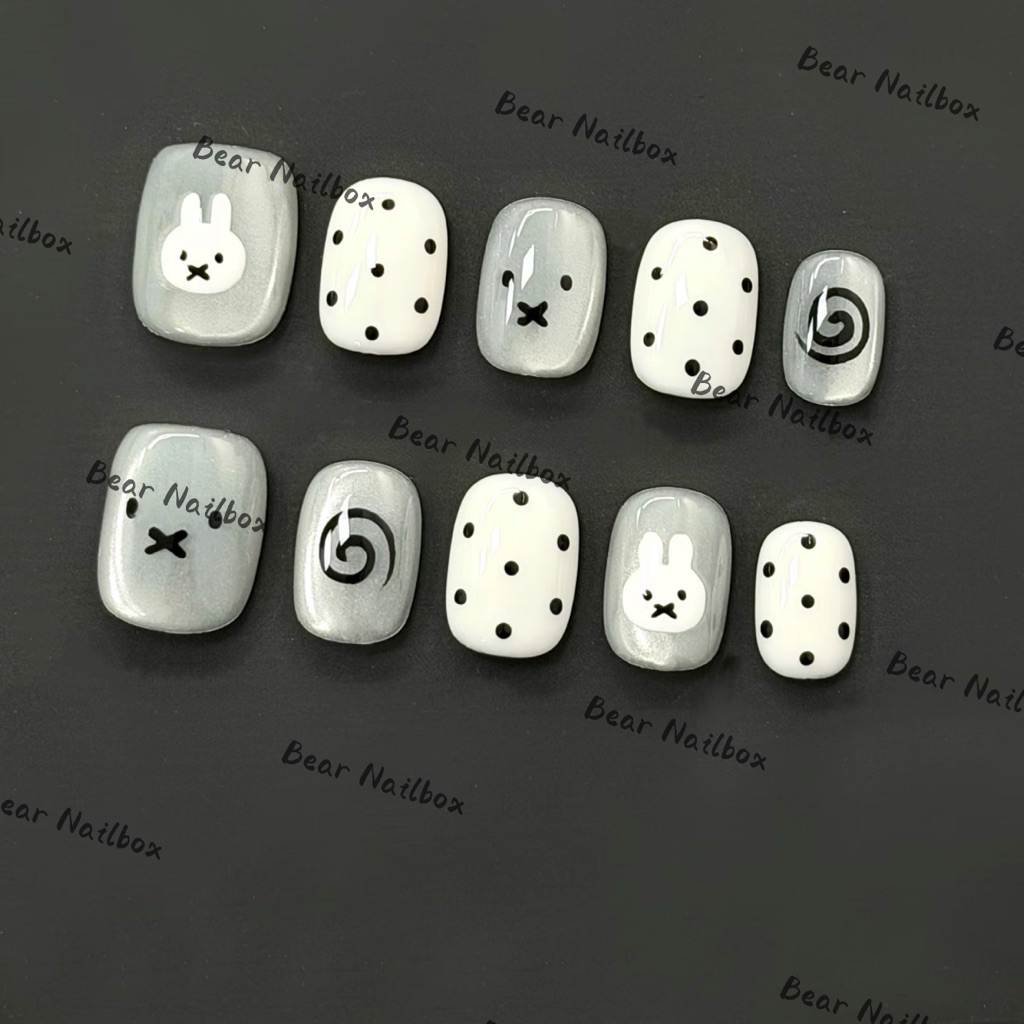 B593 Nailbox mắt mèo bạc phối trắng vẽ thỏ cute bear nailbox