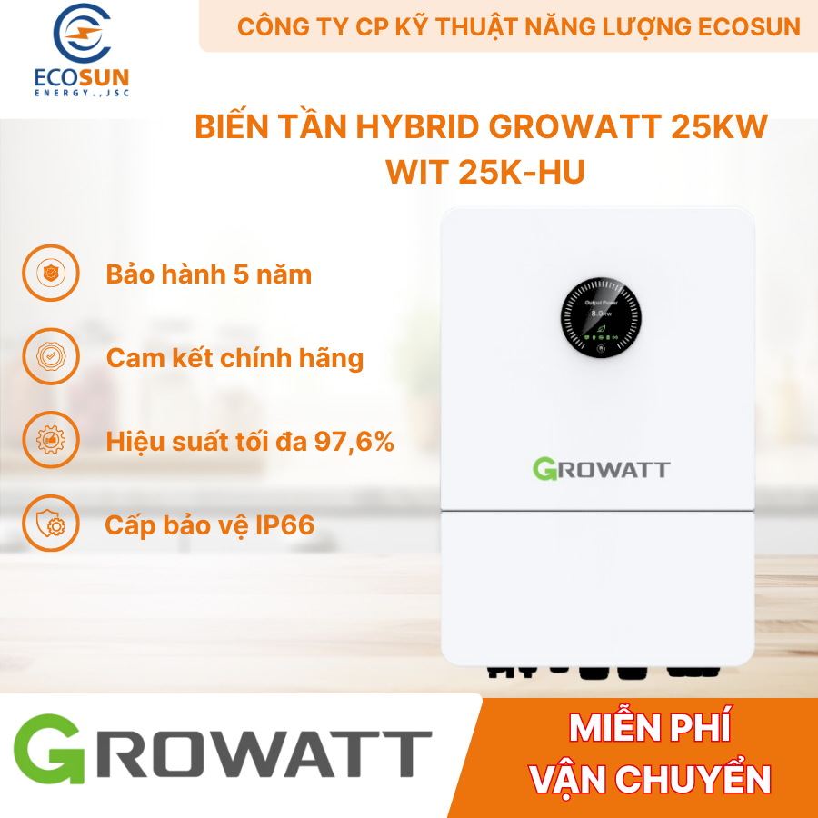 Biến Tần Hybrid Growatt WIT 25K-HU 25kW 3 Pha Chính Hãng, Inverter Hybrid Điện Mặt Trời IP66, BỘ MC4