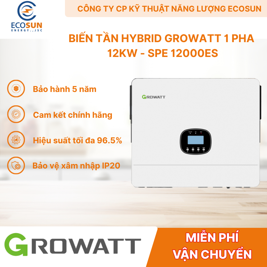 INVERTER HYBRID GROWATT 12KW SPE 12000ES 1 PHA – BIẾN TẦN HYBRID ĐIỆN MẶT TRỜI CHÍNH HÃNG, BỘ MC4