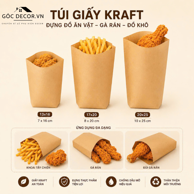 100 Túi kraft xi măng đựng thực phẩm gà rán, khoai tây chiên, đồ ăn vặt, bánh tráng nướng