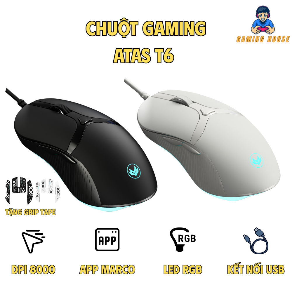 Chuột Silent Gaming ATAS T6 - LED RGB - App marco - DPI 7200 - Con lăn TTC - Tặng grip Tape | BigBuy360 - bigbuy360.vn