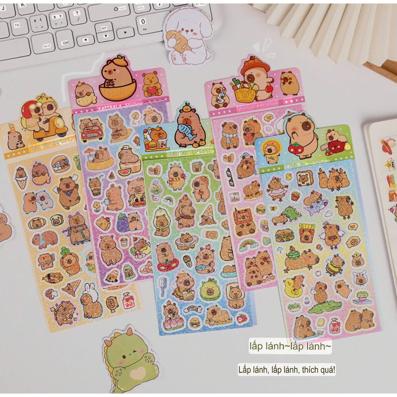 Sticker Nhũ Hình Capybara, Labubu, Kuromi, Baby Three, Sticker Dán Decor