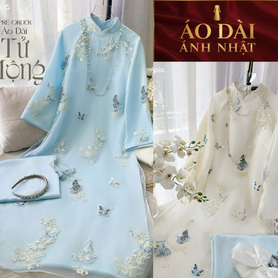 Áo dài cách tân Mộng Tưởng,mẫu áo dài 4 tà Cách Tân Họa Tiết Bướm Thêu Nổi Tinh Tế,Sang Trọng_ Ken K