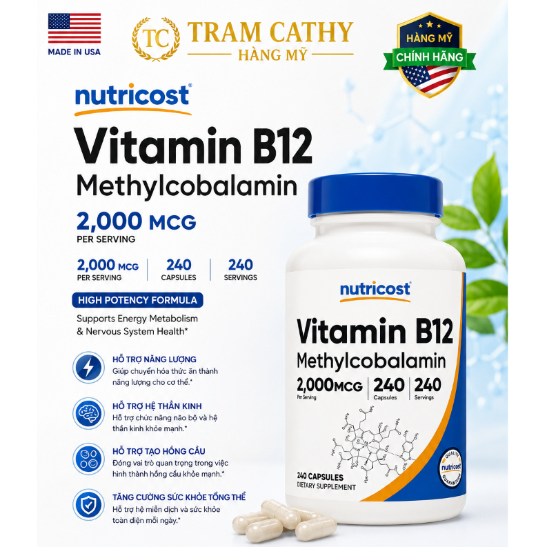 Nutricost Vitamin B12 Methylcobalamin 2000mcg 240 Viên – Hỗ Trợ Năng Lượng Và Hệ Thần Kinh