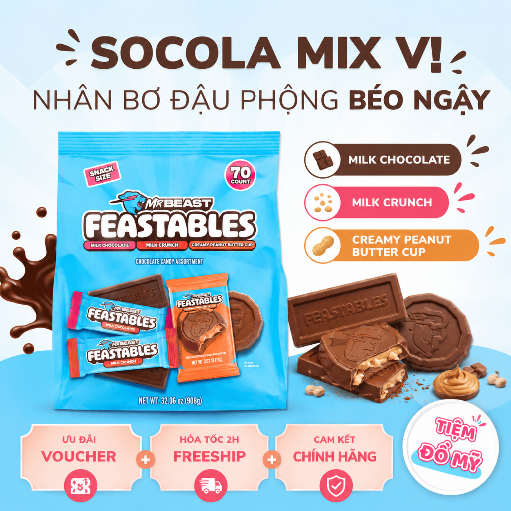 Kẹo Socola Mr.Beast Feastables 909g – Gói 70 Viên Socola Mỹ | Milk Chocolate 9/2026