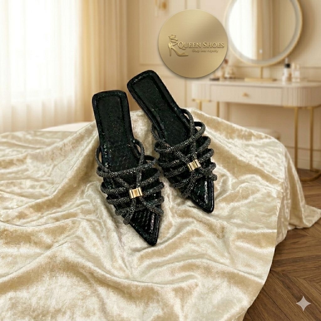 Queen shoes - Dép Lê Mũi Nhọn, Quai Rọ X Xỏ 6 Dây Đá Ngang.