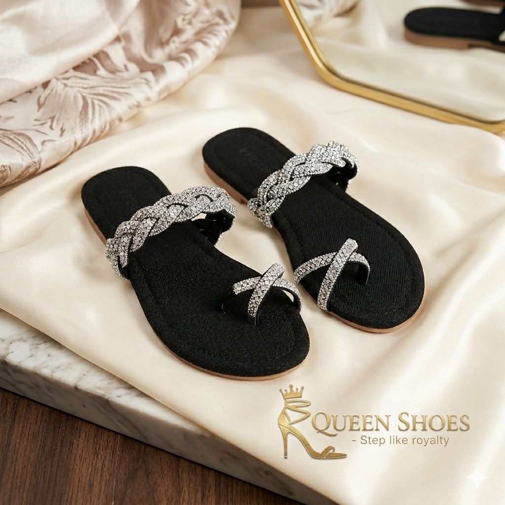 Queen shoes - Dép Mũi Tròn Xỏ Ngón 2 Dây Đá, Quai Thắt Bện Sáng Lấp Lánh.