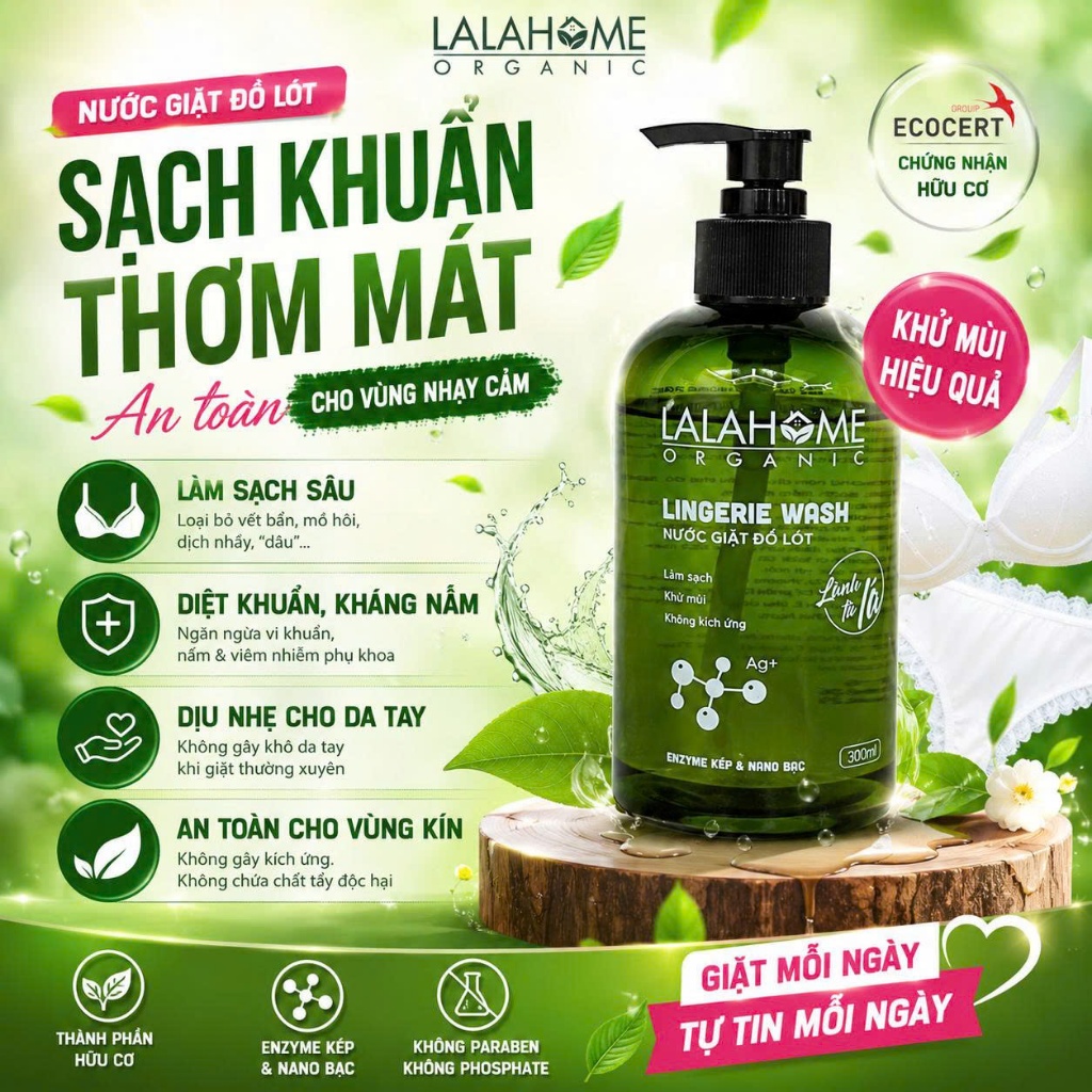 Nước giặt đồ lót LALAHOME ORGANIC - Kháng khuẩn an toàn cho da - Chai 300ml