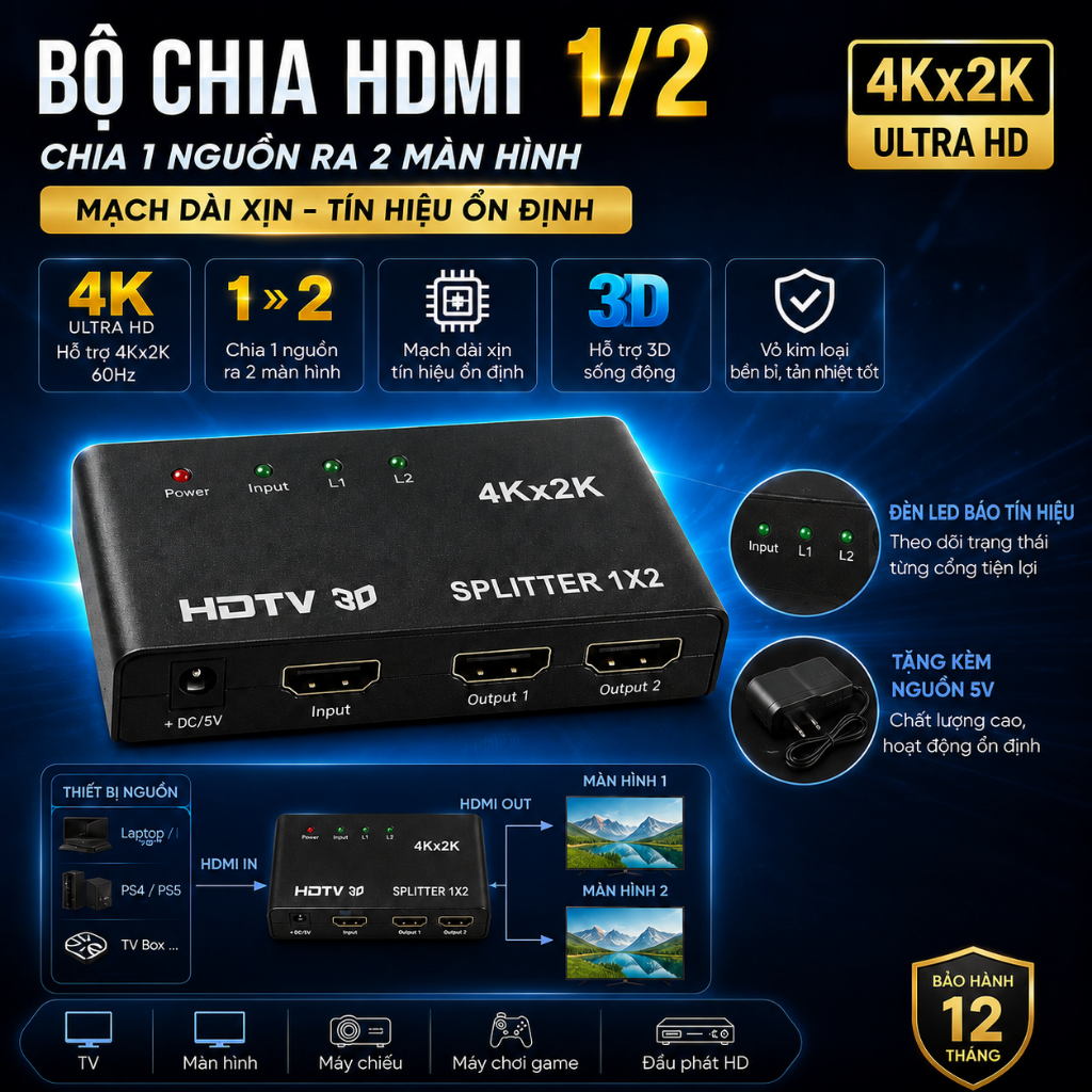 Bộ Chia HDMI 1 Ra 2 4Kx2K Mạch Dài Xịn, HDMI Splitter 1x2, Chia Laptop PC PS5 TV Box Ra 2 Màn Hình