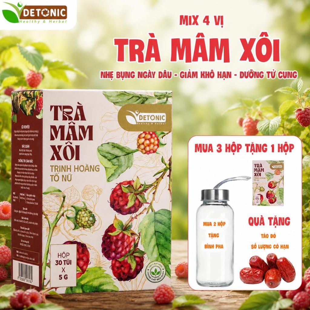Trà mâm xôi DETONIC giúp cân bằng nội tiết tố nữ, giảm khô hạn, tiền mãn kinh, nguyên liệu thiên nhiên thảo mộc