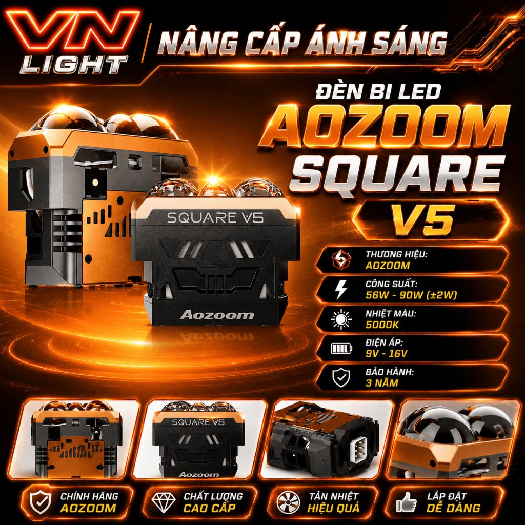 Đèn Bi LED Aozoom Square V5 90W Chính Hãng Siêu Sáng Cos Pha Rõ Nét Bám Đường Tốt Cao Cấp BH 3 Năm