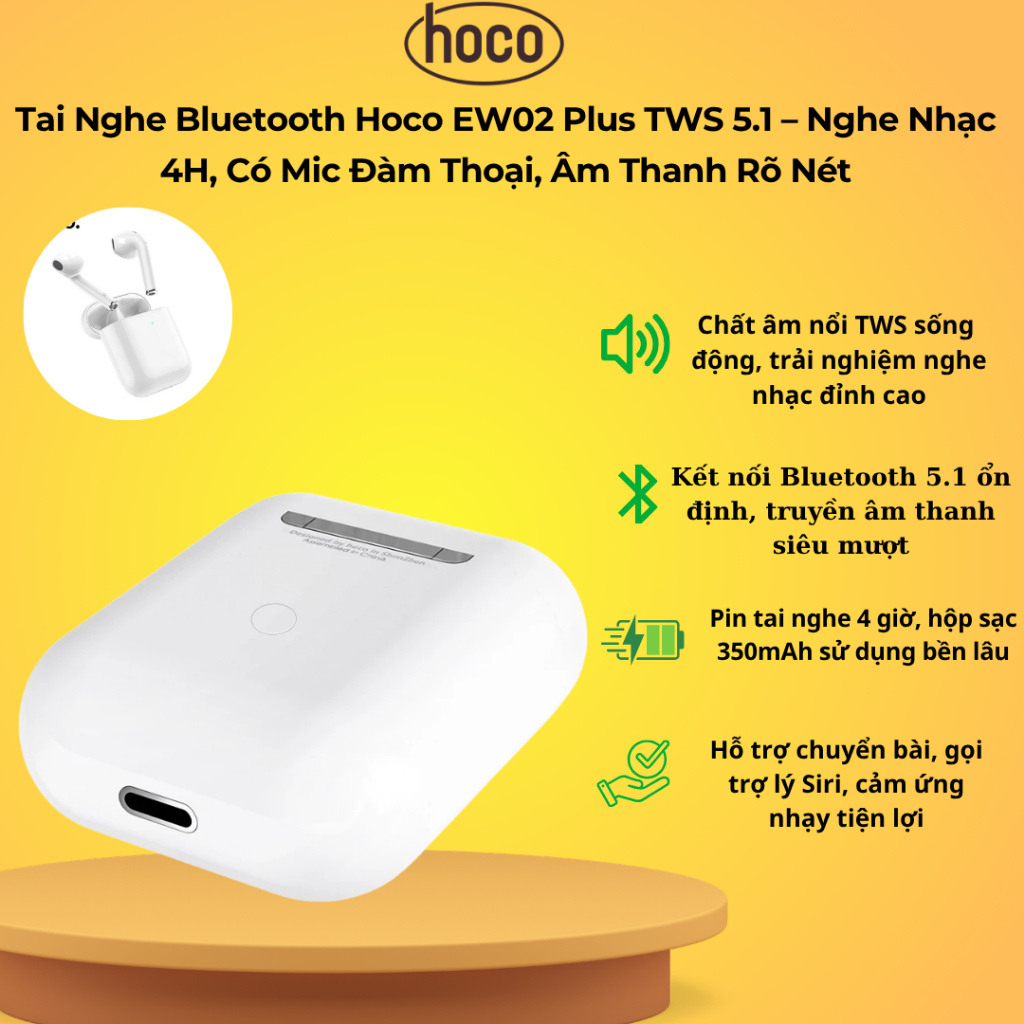 Tai Nghe Bluetooth Hoco EW02 Plus TWS 5.1 – Nghe Nhạc 4H, Có Mic Đàm Thoại, Âm Thanh Rõ Nét