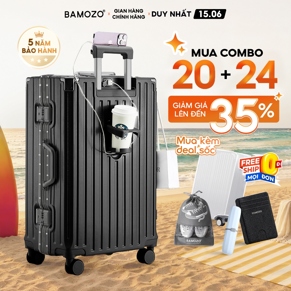 Vali du lịch Khung nhôm 9066 Bamozo Size 20/24/28 chống xước, có khóa sập, bo góc chống va đập_9066