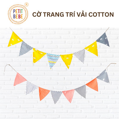 Cờ tam giác vải cotton kèm dây treo Petit Bebe trang trí sinh nhật phòng ngủ cắm trại nhiều màu sắc