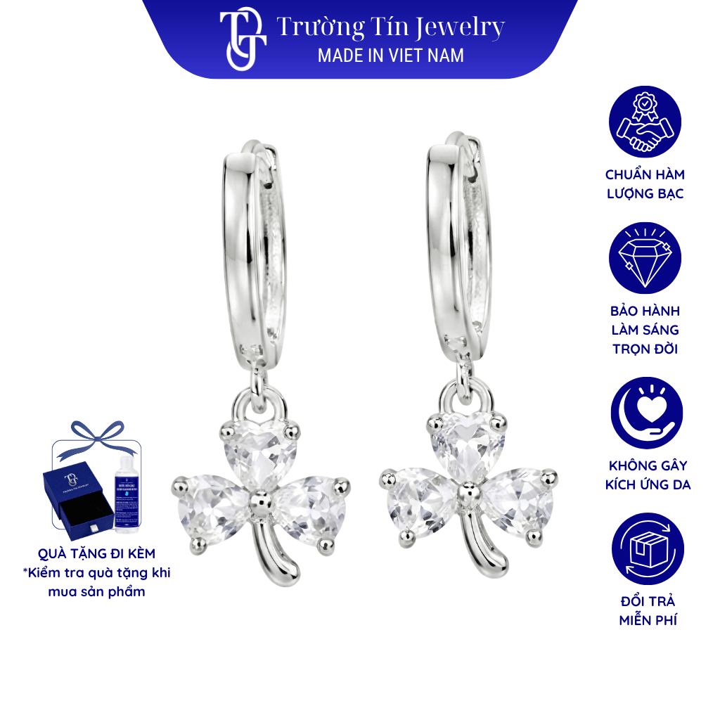 Khuyên Tai Treo Bạc 925 Cỏ 3 Lá Đính Đá CZ 6A Cao Cấp Chốt Khuyên Bấm Trường Tín Jewelry KT3