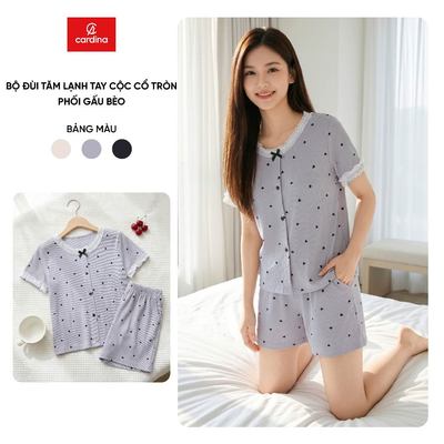 Bộ đồ mặc nhà nữ Cardina chất liệu tăm lạnh tay cộc cổ tròn tay phối gấu bèo và quần đùi 6BFN02