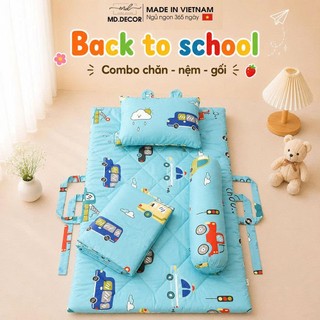 Bộ Chăn Nệm Gối Nằm + Gối Ôm Tai Gấu Em Bé GMC04 75x125cm Cho Bé Đi Học MD.DECOR Vải Tencel Mềm Mát