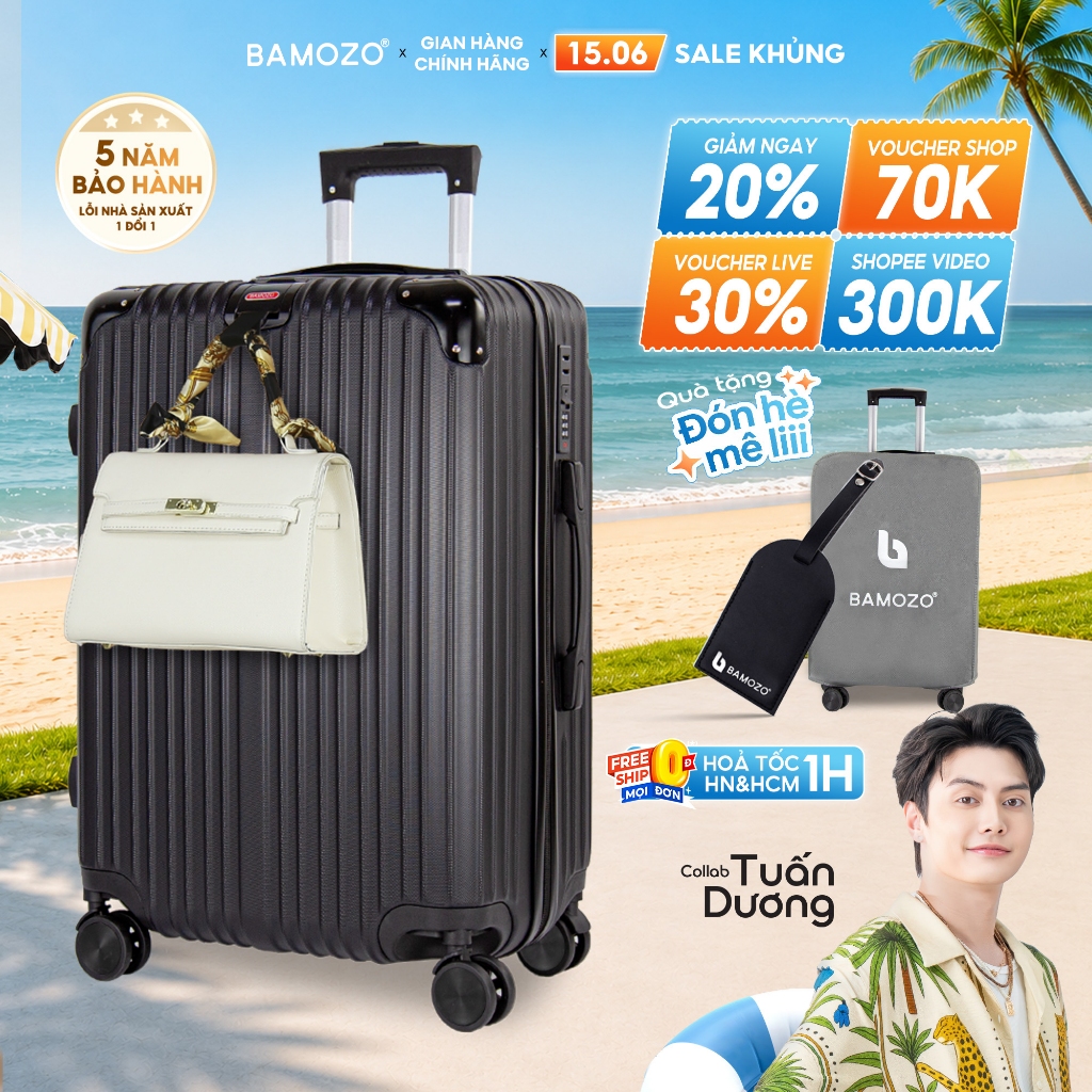 Vali Bamozo 8809 Size 20/24 Bo Góc Kim Loại, Chống Va Đập, Chất Liệu PC + ABS Chịu Lực 120kg, Bảo Hà