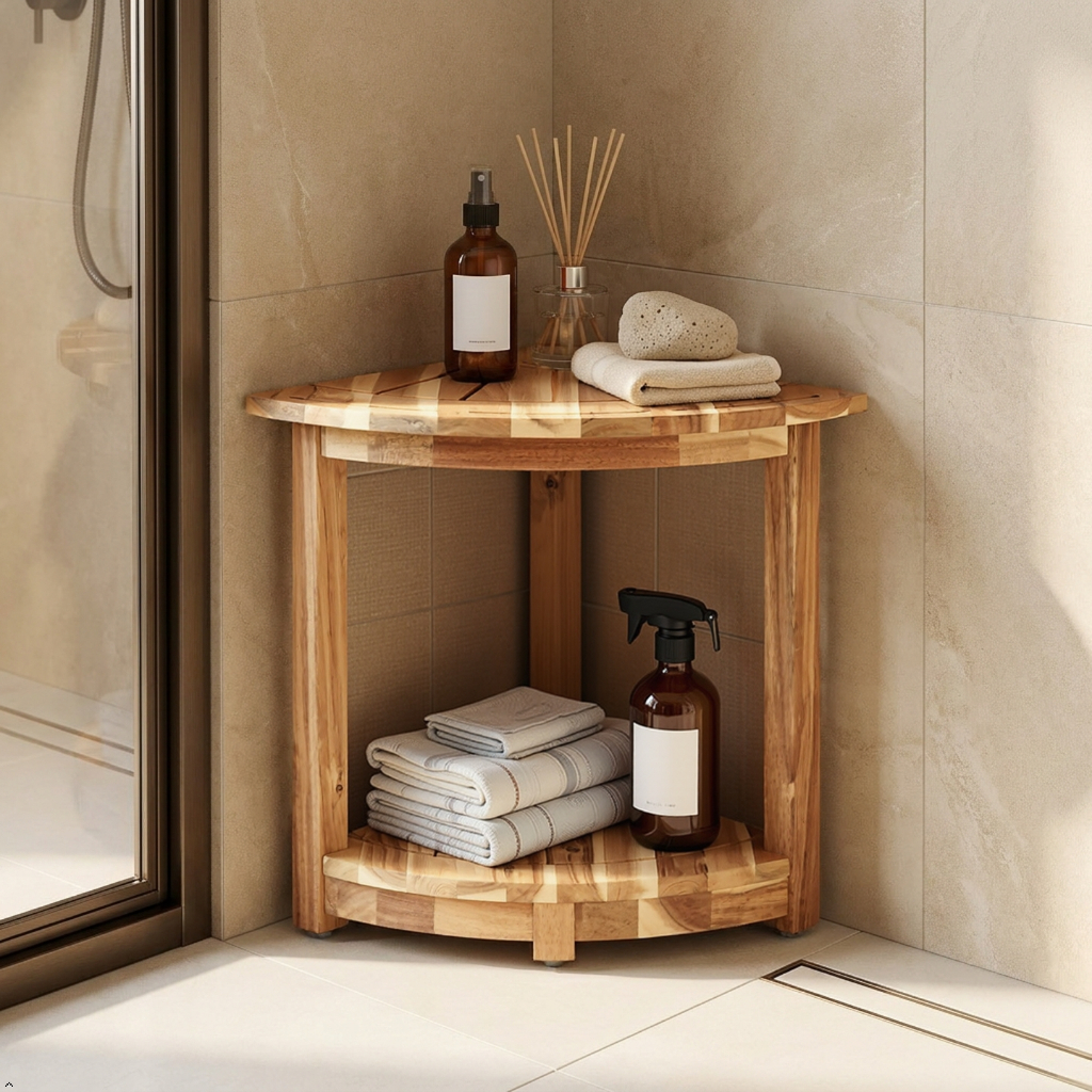 Kệ Góc Tường Gỗ Tràm 2 Tầng Tam Giác, Kệ Spa, Đầu Giường, Kệ Góc Nhà Tắm Tiết Kiệm Diện Tích
