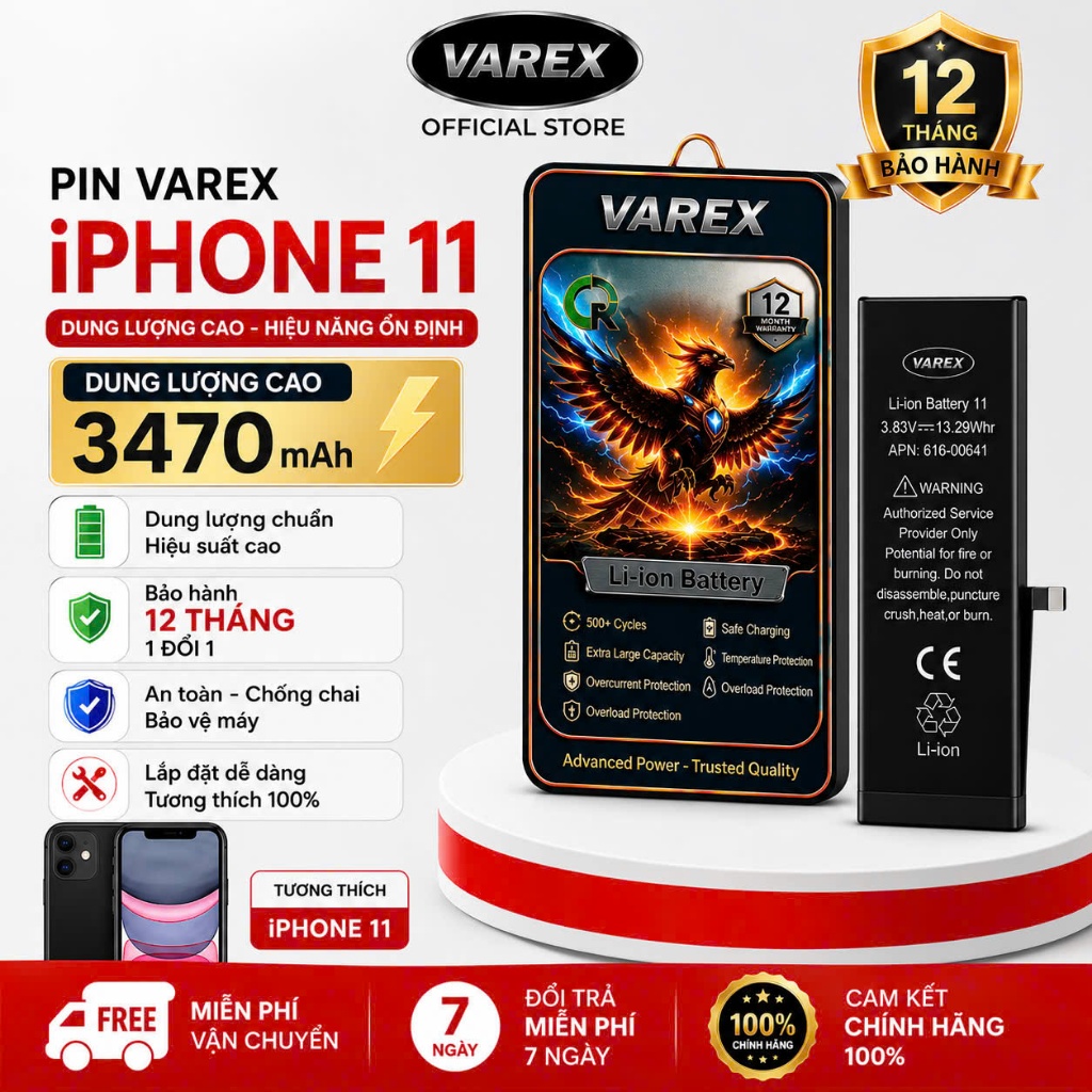 Pin Varex iPhone 11 Dung Lượng Cao 3470mAh Chính Hãng - Bảo Hành 12 Tháng 1 Đổi 1 - Pin Thay Thế iPh