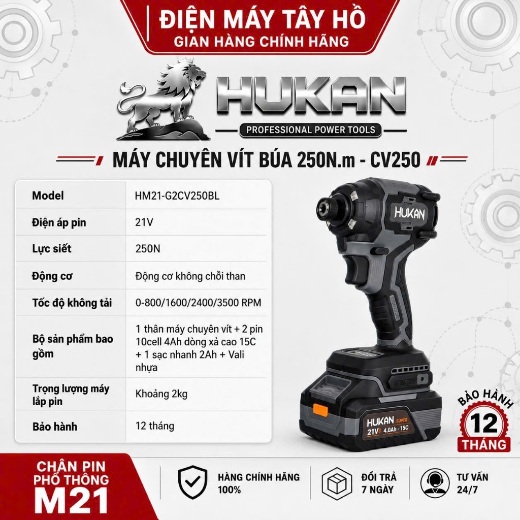 (ĐÈN SIÊU SÁNG, có tắt mở) Chuyên Vít Búa Hukan CV250 lực 250N.m, bảo cao nhất, không chổi than, tín