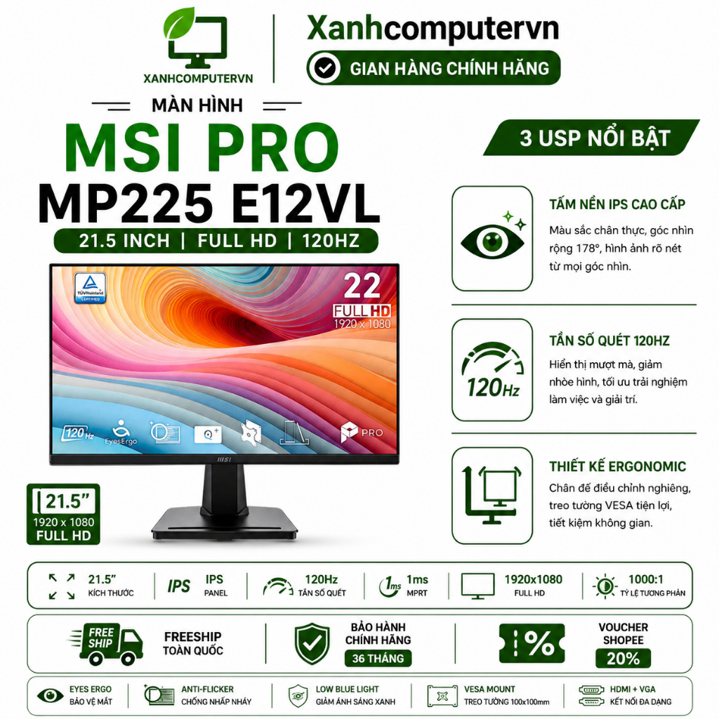 Màn hình MSI PRO MP225 E12VL 21.5 inch 120Hz FHD 1ms (HDMI + VGA) - Chính hãng