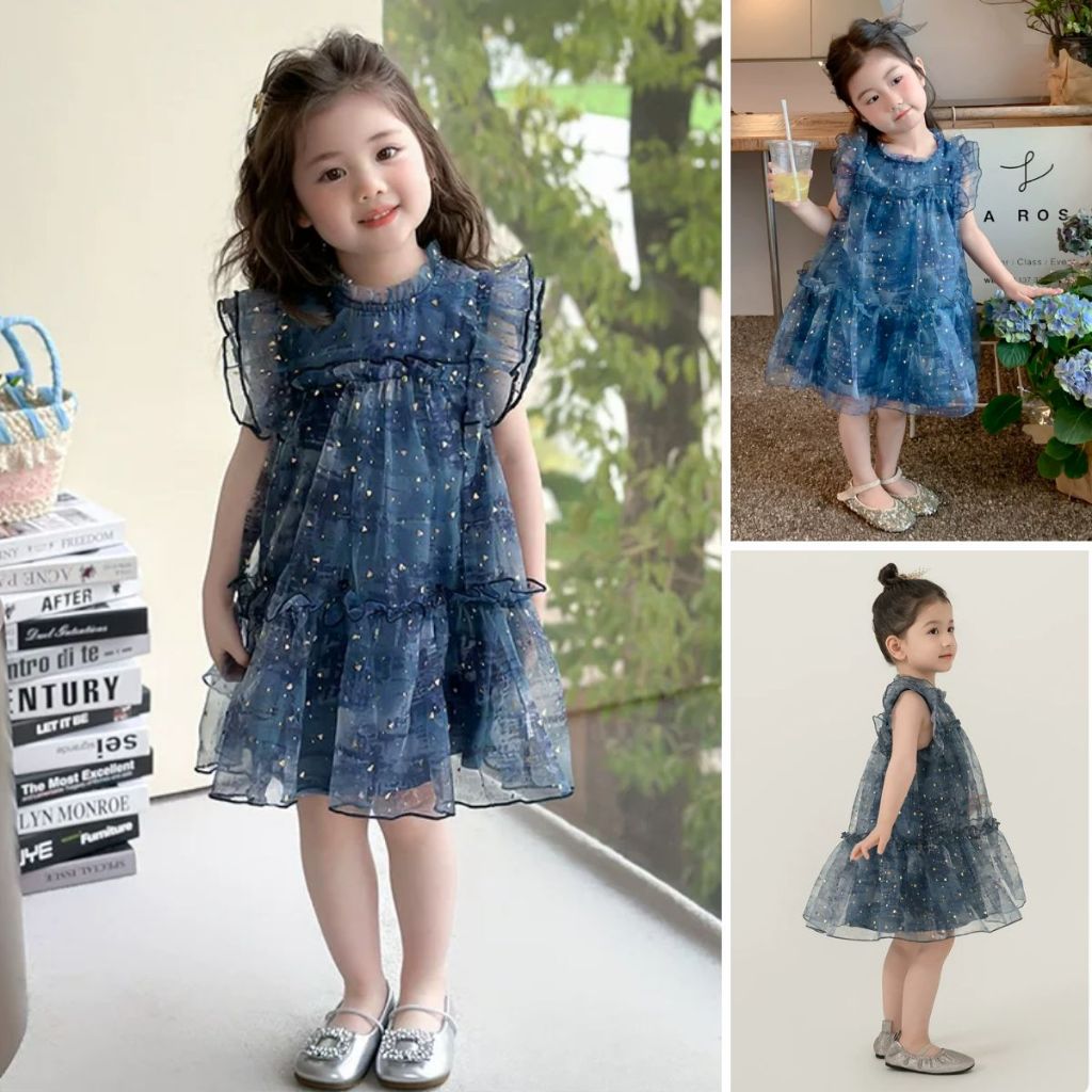 Váy Công Chúa Bé Gái Màu Xanh Navy Đính Kim Tuyến, Dáng Xòe Bồng Bềnh, Thiết Kế Sang Trọng