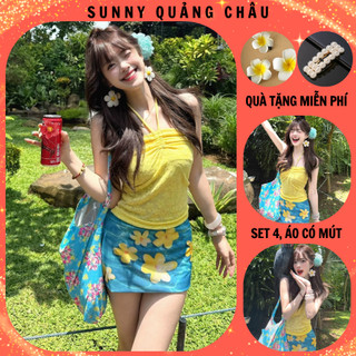 Đồ bơi kín đáo áo quây yếm vàng kèm chân váy hoa xanh nổi bật đi chơi du lịch SET HOA VÀNG TRẮNG VÁY XANH B1