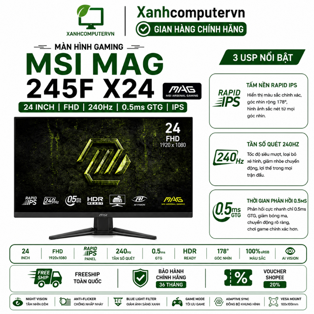 Màn Hình Gaming MSI MAG 245F X24 24 Inch/ IPS/ FHD/ 240Hz/ 0.5ms - Bảo hành 36 tháng