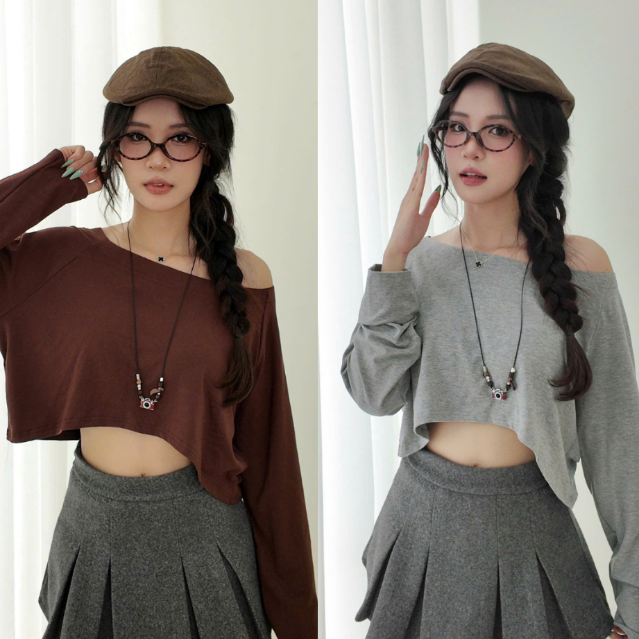 Áo thun tay dài dáng croptop cổ tròn mặc lệch vai nữ - Suxing - S259