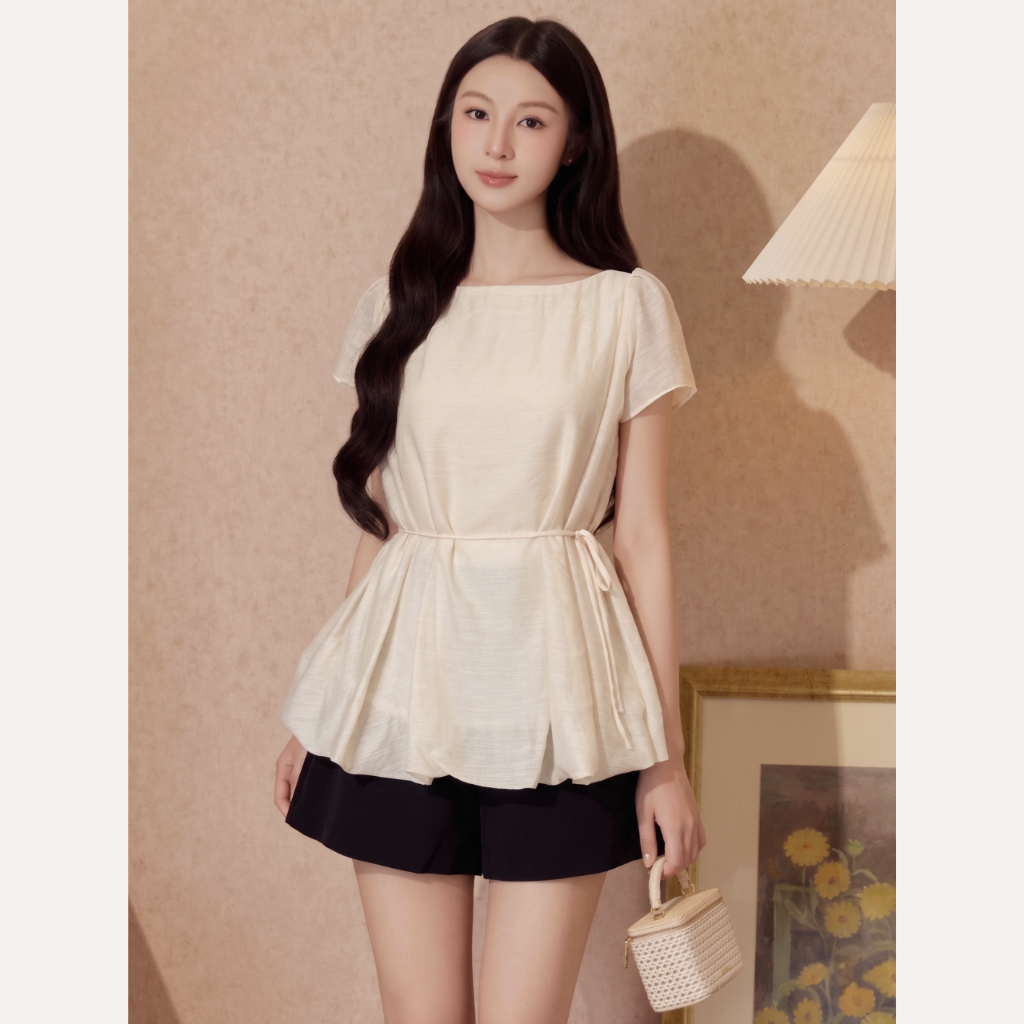 Áo kiểu nữ cổ thuyền tay ngắn dáng bí thắt eo, phong cách tiểu thư cao cấp Linly Store A-KIE41 | BigBuy360 - bigbuy360.vn