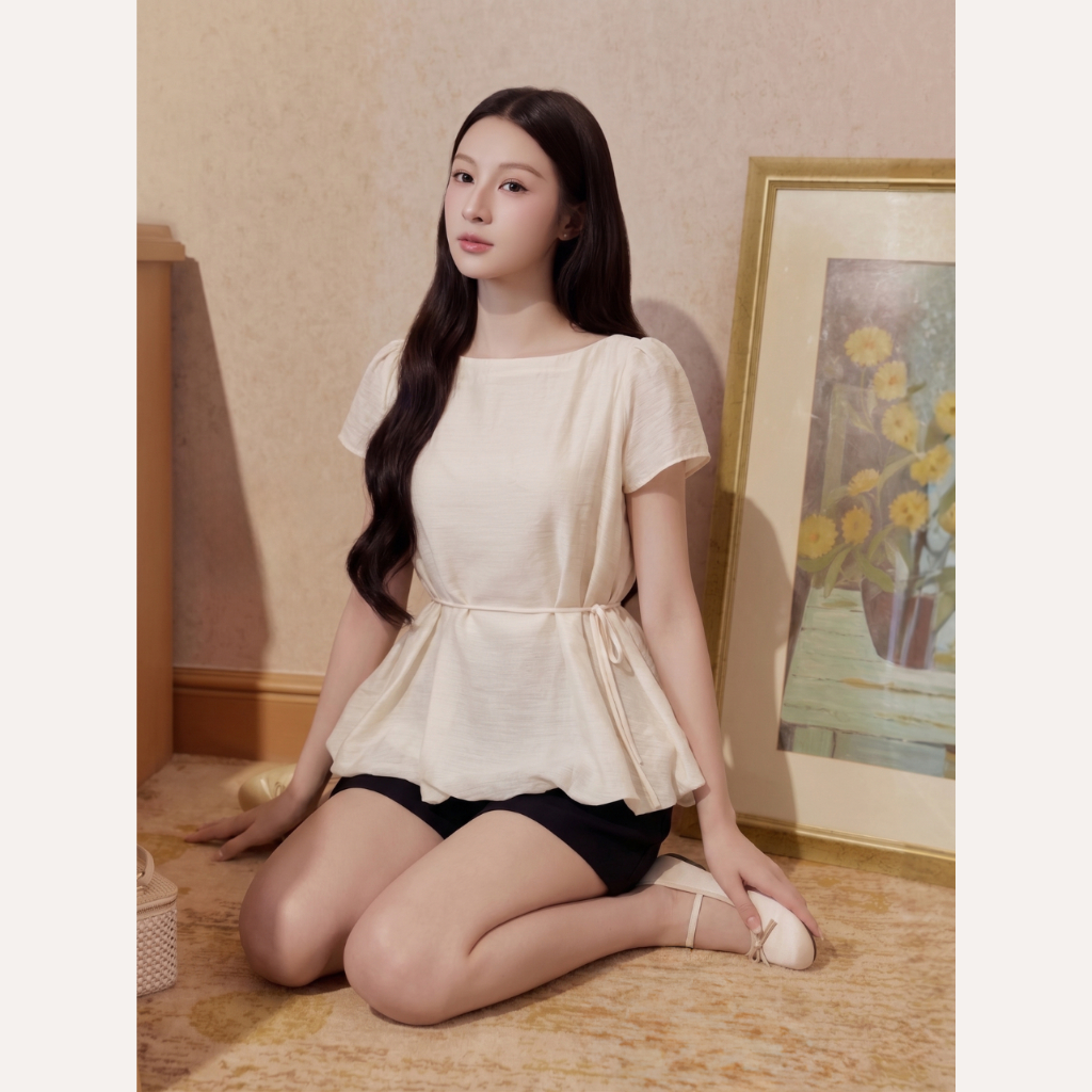Áo kiểu nữ cổ thuyền tay ngắn dáng bí thắt eo, phong cách tiểu thư cao cấp Linly Store A-KIE41 | BigBuy360 - bigbuy360.vn