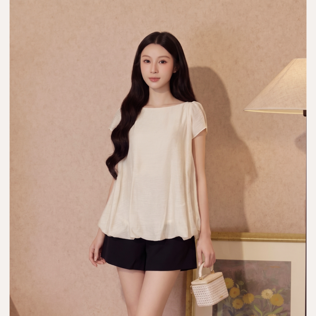 Áo kiểu nữ cổ thuyền tay ngắn dáng bí thắt eo, phong cách tiểu thư cao cấp Linly Store A-KIE41 | BigBuy360 - bigbuy360.vn