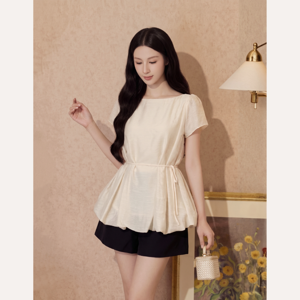 Áo kiểu nữ cổ thuyền tay ngắn dáng bí thắt eo, phong cách tiểu thư cao cấp Linly Store A-KIE41 | BigBuy360 - bigbuy360.vn