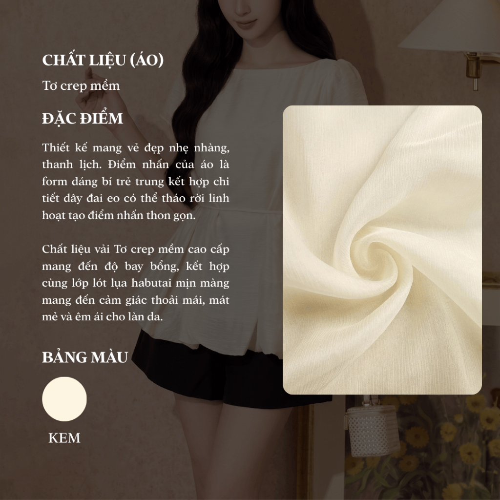 Áo kiểu nữ cổ thuyền tay ngắn dáng bí thắt eo, phong cách tiểu thư cao cấp Linly Store A-KIE41 | BigBuy360 - bigbuy360.vn
