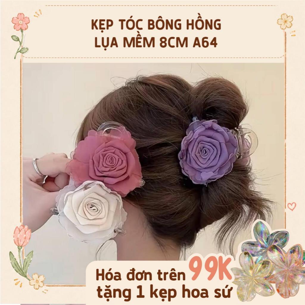 (Giá cực sốc) Kẹp tóc bông hồng lụa mềm 8cm A64