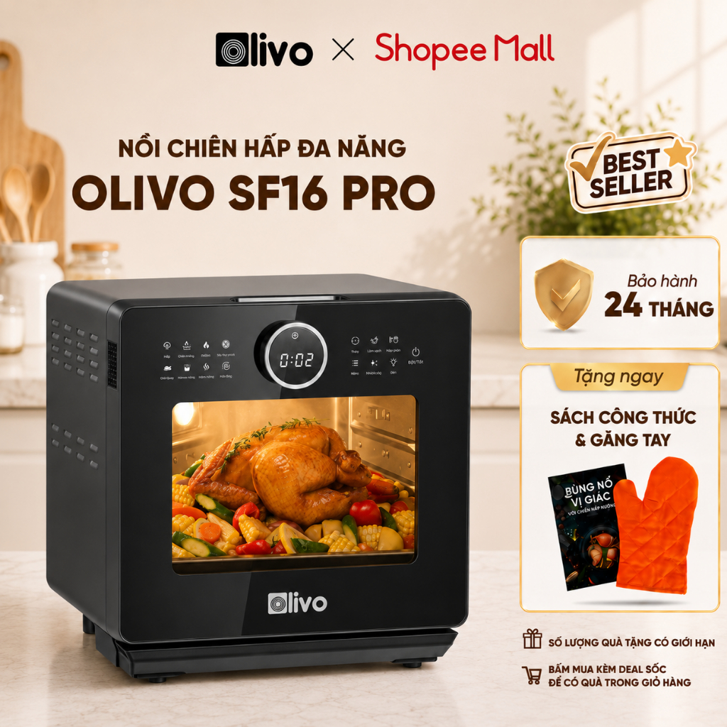 Nồi chiên hơi nước OLIVO SF16 PRO, nồi chiên hấp không dầu 16L,70 chương trình cài sẵn, đa năng